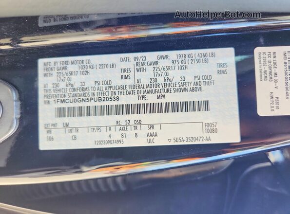 1FMCU0GN5PUB20538 2023 FORD ESCAPE Black Вид наклейки з VIN-кодом
