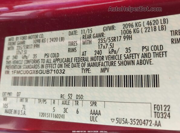 1FMCU0GX6GUB71032 2016 FORD ESCAPE Burgundy Widok komory silnika