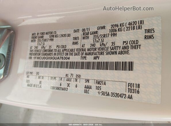1FMCU0GX9GUA76304 2016 FORD ESCAPE White Vista del compartimento del motor