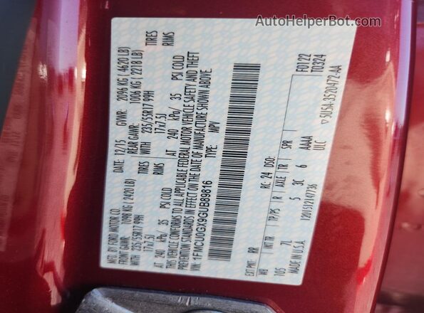 1FMCU0GX9GUB89816 2016 FORD ESCAPE Red VIN კოდის სტიკერის ხედი
