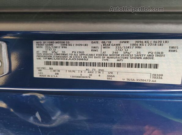 1FMCU0HD2JUD30852 2018 FORD ESCAPE Blue Вид підкапотного простору