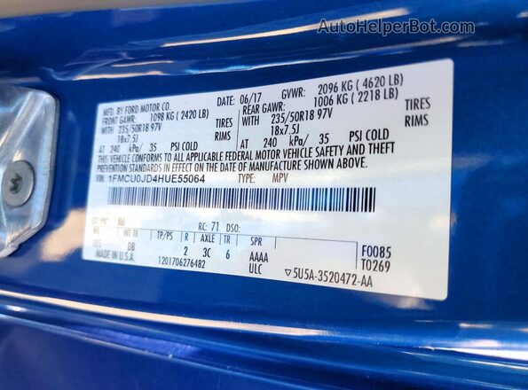 1FMCU0JD4HUE55064 2017 FORD ESCAPE Синий Вид наклейки с VIN-кодом