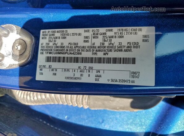 1FMCU0MN6PUA42386 2023 FORD ESCAPE Blue VIN sticker view