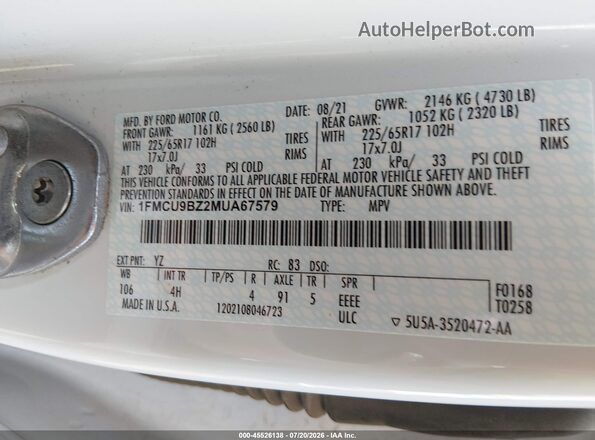 1FMCU9BZ2MUA67579 2021 FORD ESCAPE White Widok komory silnika
