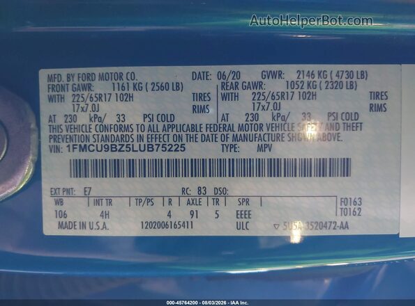 1FMCU9BZ5LUB75225 2020 FORD ESCAPE Синий Вид подкапотного пространства