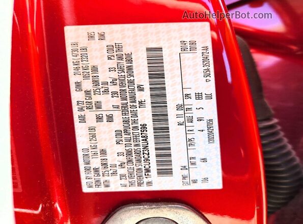 1FMCU9CZ3NUA87596 2022 FORD ESCAPE Красный Вид наклейки с VIN-кодом