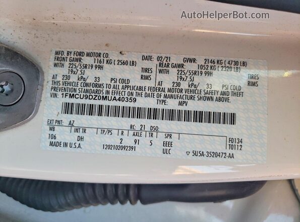1FMCU9DZ0MUA40359 2021 FORD ESCAPE Белый Вид наклейки с VIN-кодом