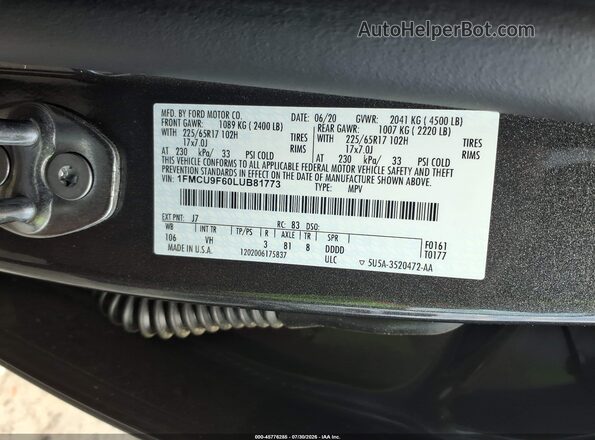 1FMCU9F60LUB81773 2020 FORD ESCAPE Gray Շարժիչի բաժամունքի տեսք