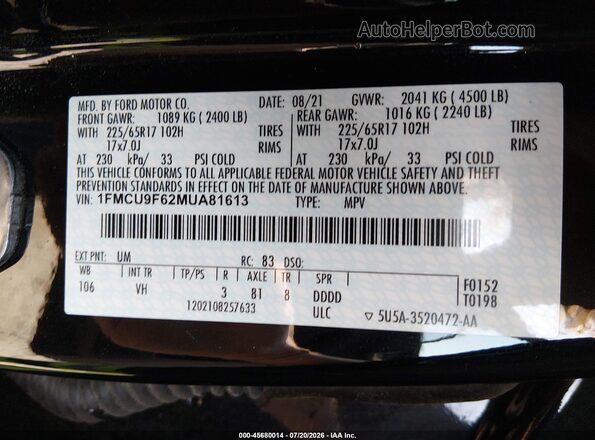 1FMCU9F62MUA81613 2021 FORD ESCAPE Black Vista del compartimento del motor