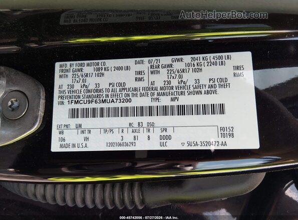 1FMCU9F63MUA73200 2021 FORD ESCAPE Black Engine compartment view