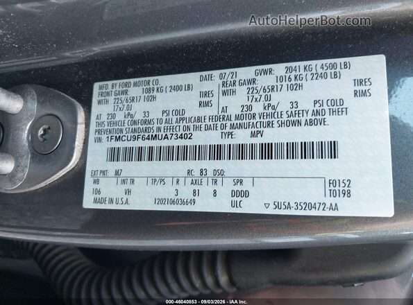 1FMCU9F64MUA73402 2021 FORD ESCAPE Gray ძრავის განყოფილების ხედი