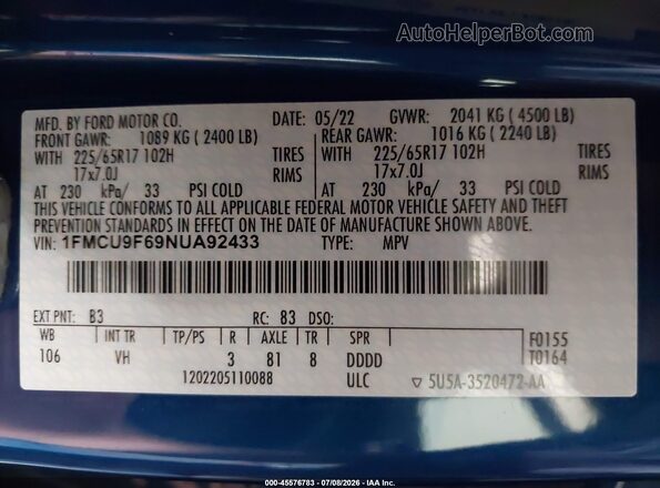 1FMCU9F69NUA92433 2022 FORD ESCAPE Синий Вид подкапотного пространства