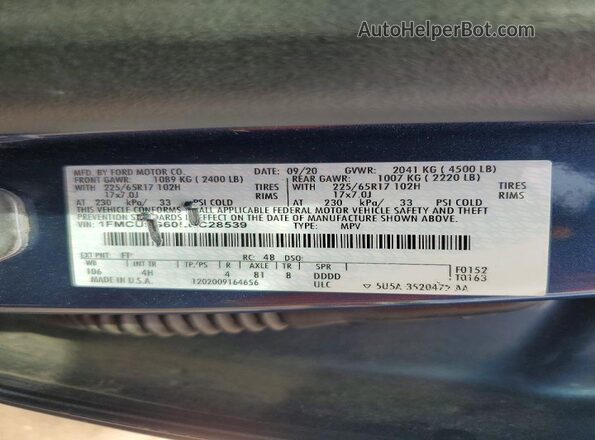 1FMCU9G60LUC28539 2020 FORD ESCAPE Blue Widok wnętrza 360 stopni
