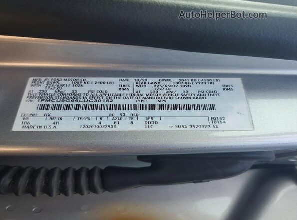 1FMCU9G66LUC30182 2020 FORD ESCAPE Silver Вид наклейки з VIN-кодом