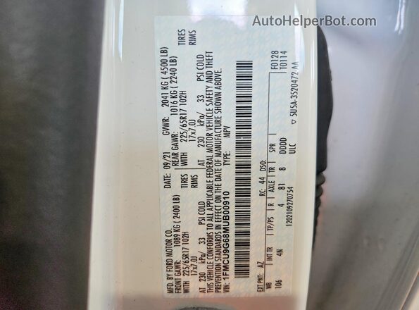 1FMCU9G68MUB00910 2021 FORD ESCAPE Белый Панорамный вид салона 360°