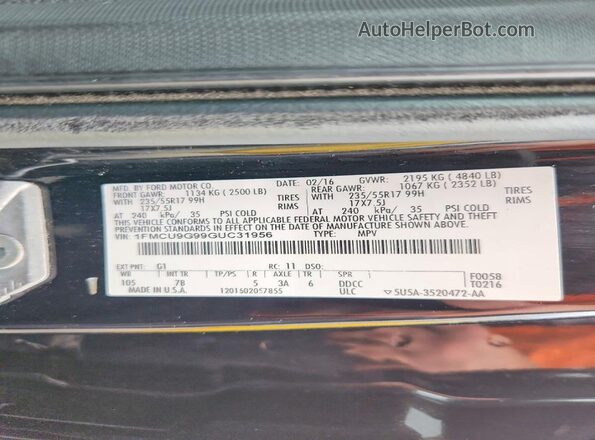 1FMCU9G99GUC31956 2016 FORD ESCAPE Black VIN კოდის სტიკერის ხედი