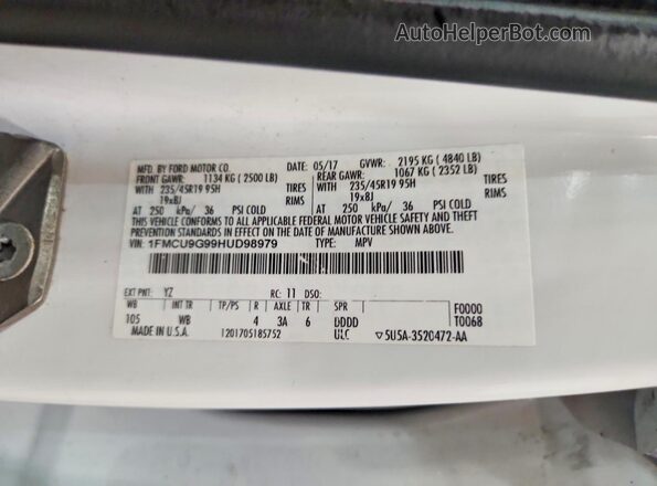 1FMCU9G99HUD98979 2017 FORD ESCAPE White VIN կոդի պիտակի տեսք