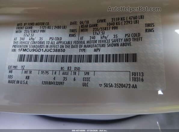 1FMCU9GD1JUC38850 2018 FORD ESCAPE White ძრავის განყოფილების ხედი