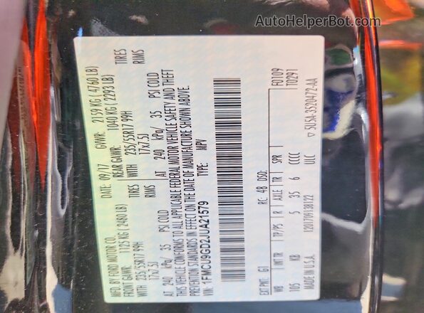 1FMCU9GD2JUA21579 2018 FORD ESCAPE Black VIN კოდის სტიკერის ხედი