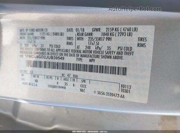 1FMCU9GD2JUB39549 2018 FORD ESCAPE Silver ძრავის განყოფილების ხედი