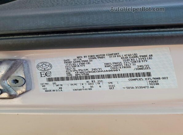 1FMCU9GD3HUA96981 2017 FORD ESCAPE Белый Вид наклейки с VIN-кодом