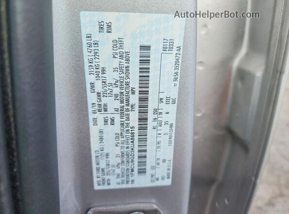1FMCU9GD3KUA86815 2019 FORD ESCAPE Gray Widok naklejki z numerem VIN
