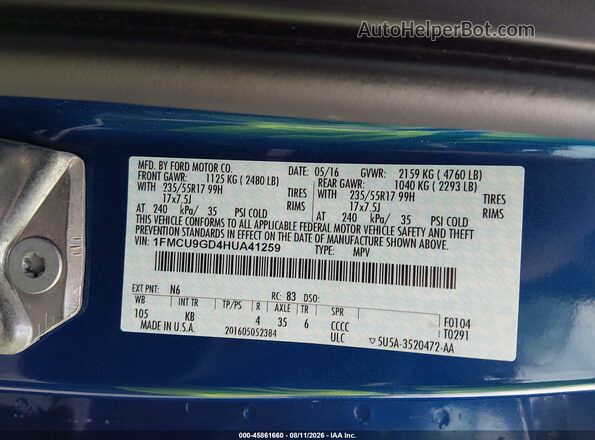 1FMCU9GD4HUA41259 2017 FORD ESCAPE Blue Engine compartment view