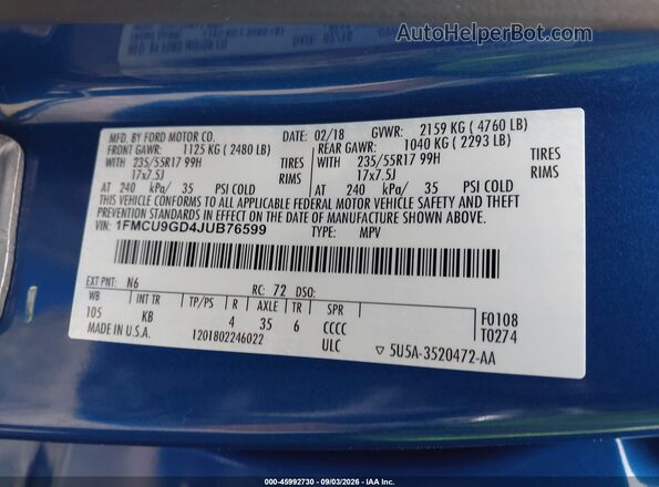 1FMCU9GD4JUB76599 2018 FORD ESCAPE Blue Շարժիչի բաժամունքի տեսք