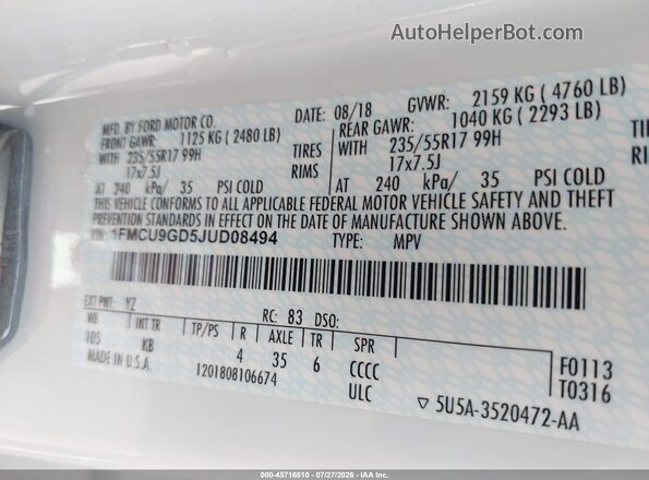 1FMCU9GD5JUD08494 2018 FORD ESCAPE White Widok komory silnika
