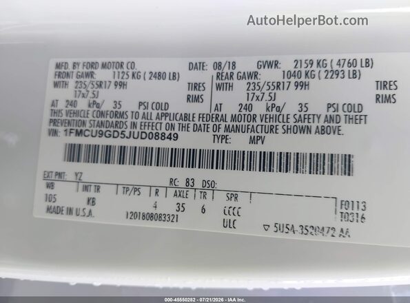 1FMCU9GD5JUD08849 2018 FORD ESCAPE Белый Вид подкапотного пространства