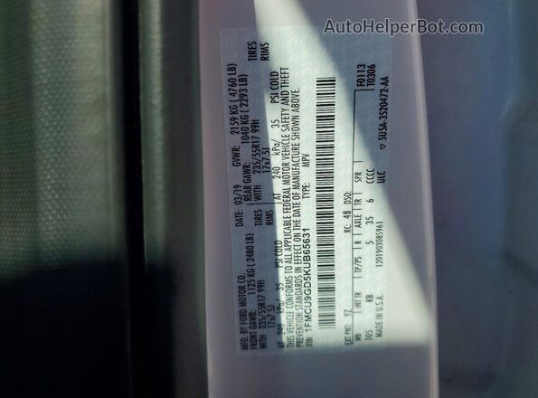 1FMCU9GD5KUB65631 2019 FORD ESCAPE White Vista de la etiqueta del VIN