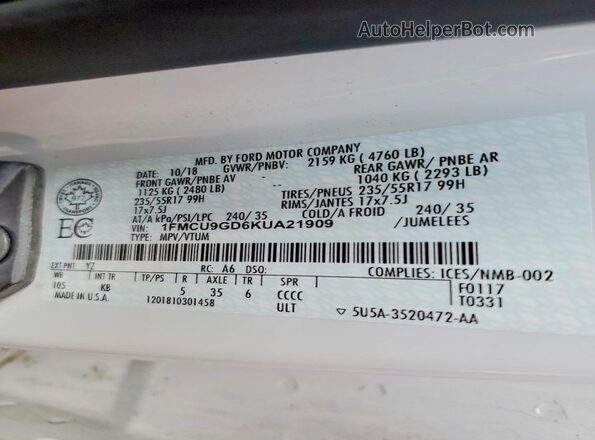1FMCU9GD6KUA21909 2019 FORD ESCAPE White VIN კოდის სტიკერის ხედი