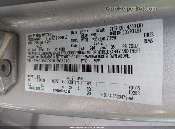 1FMCU9GD7HUB03219 2017 FORD ESCAPE Silver Widok komory silnika