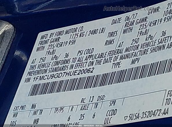 1FMCU9GD7HUE20062 2017 FORD ESCAPE Blue Engine compartment view