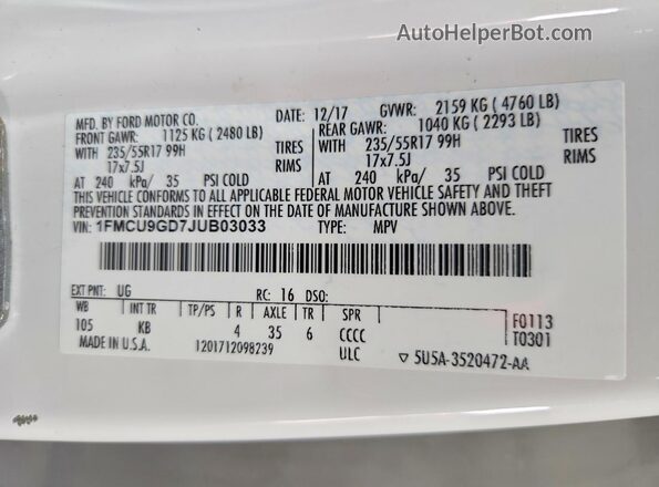 1FMCU9GD7JUB03033 2018 FORD ESCAPE Белый Вид подкапотного пространства
