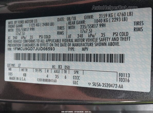 1FMCU9GD7JUD08593 2018 FORD ESCAPE Gray ძრავის განყოფილების ხედი