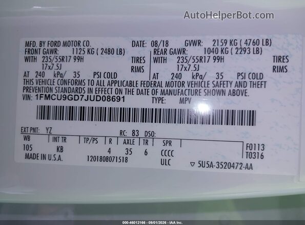 1FMCU9GD7JUD08691 2018 FORD ESCAPE White Շարժիչի բաժամունքի տեսք
