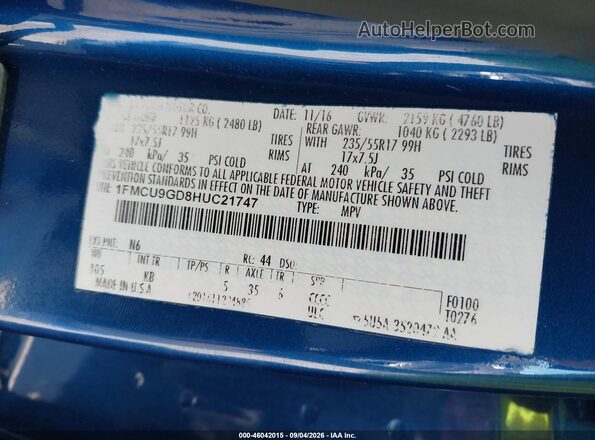 1FMCU9GD8HUC21747 2017 FORD ESCAPE Blue Engine compartment view