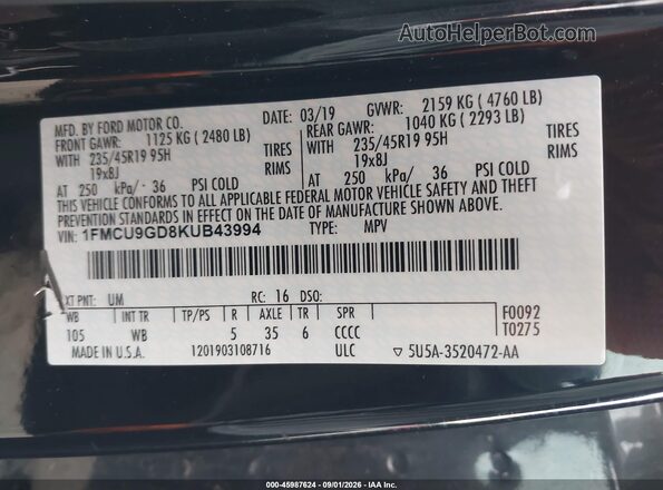 1FMCU9GD8KUB43994 2019 FORD ESCAPE Black Շարժիչի բաժամունքի տեսք
