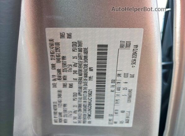 1FMCU9GD8KUC19021 2019 FORD ESCAPE Silver VIN կոդի պիտակի տեսք
