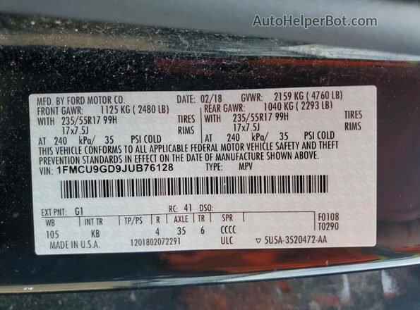 1FMCU9GD9JUB76128 2018 FORD ESCAPE Black Вид наклейки з VIN-кодом
