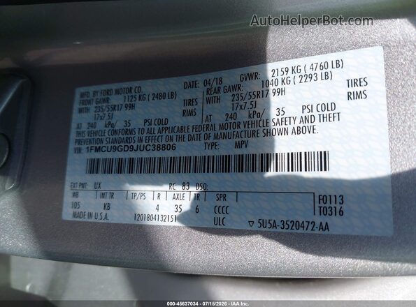 1FMCU9GD9JUC38806 2018 FORD ESCAPE Silver Вид підкапотного простору