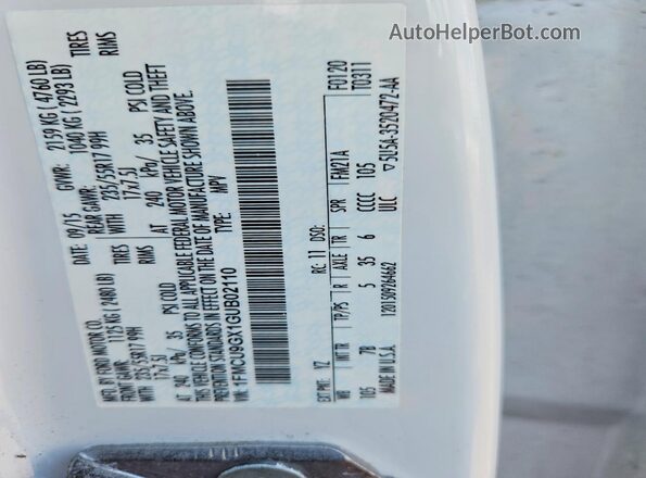 1FMCU9GX1GUB02110 2016 FORD ESCAPE White VIN კოდის სტიკერის ხედი