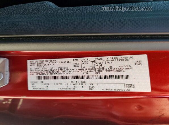 1FMCU9HD1KUB90461 2019 FORD ESCAPE Red Widok naklejki z numerem VIN