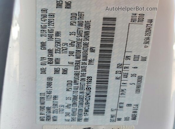 1FMCU9HD2KUB11928 2019 FORD ESCAPE White VIN კოდის სტიკერის ხედი