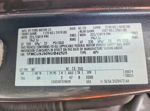 1FMCU9J90NUB42525 2022 FORD ESCAPE Серый Вид наклейки с VIN-кодом