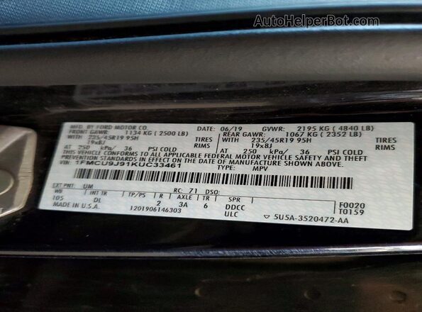 1FMCU9J91KUC33461 2019 FORD ESCAPE Black Engine compartment view