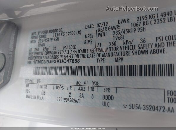 1FMCU9J9XKUC47858 2019 FORD ESCAPE White Вид підкапотного простору