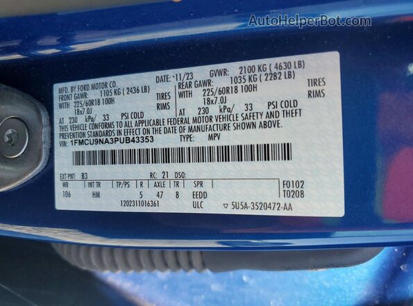 1FMCU9NA3PUB43353 2023 FORD ESCAPE Blue Vista de la etiqueta del VIN