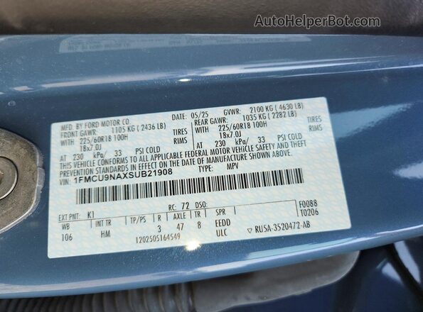 1FMCU9NAXSUB21908 2025 FORD ESCAPE Gray VIN კოდის სტიკერის ხედი
